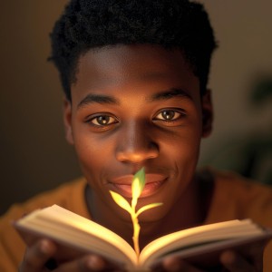 Young man watching a small plant sprouting out of an open book.