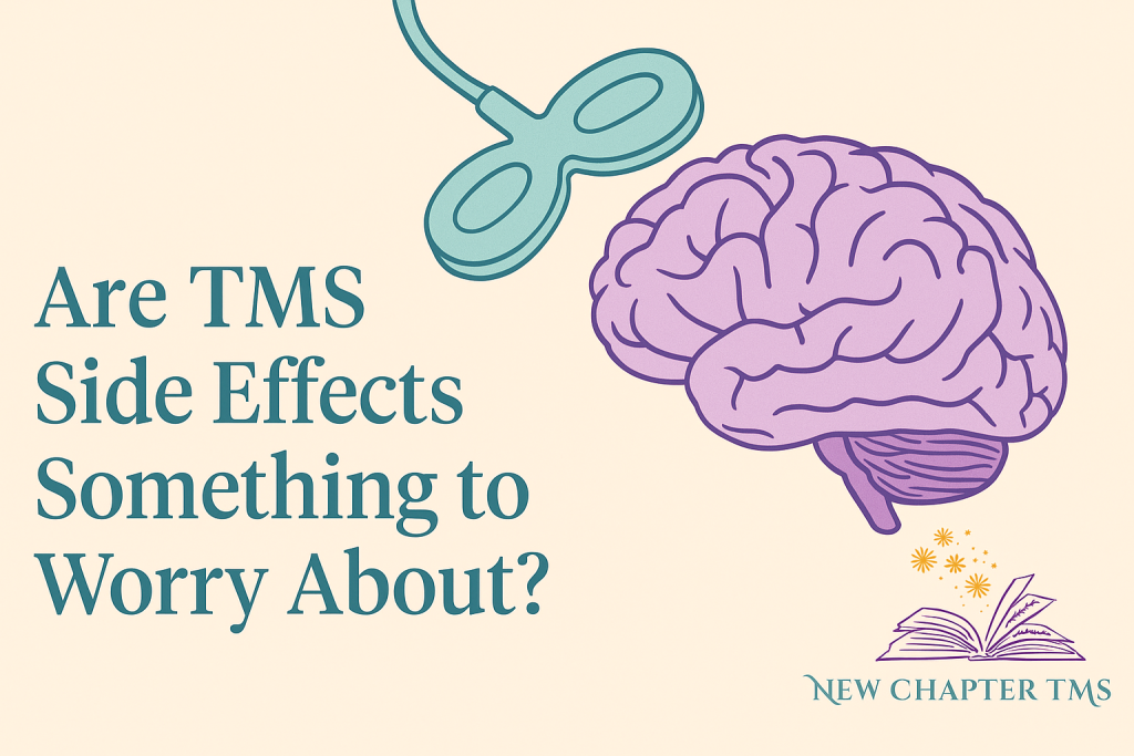 Landscape illustration of brain stimulation with TMS coil and New Chapter TMS logo.